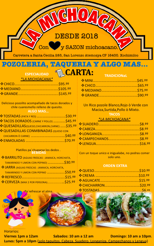 Carta de POZOLERIA Y TAQUERIA LA MICHOACANA en San Lorenzo ATEMOAYA — página 1